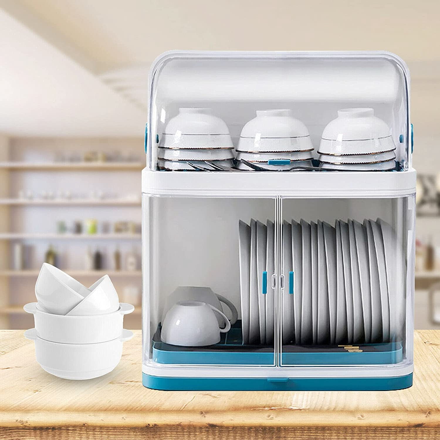 FETCOI Dish Drying Rack with Transparancy Shield Modern Dish Organizer Dust-Proof Kitchen Utility Storage Drainer Box with Detachable Drip Tray for Kitchen Counter