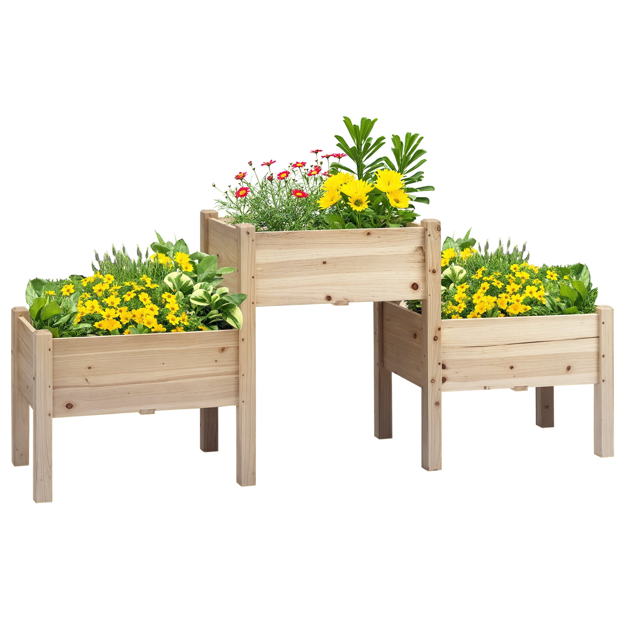 Outsunny 73" x 18" x 32" Raised Garden Bed w/ Three Elevated Planter Box, Freestanding Wooden Plant Stand for Vegetables, Herb, Flowers, Natural