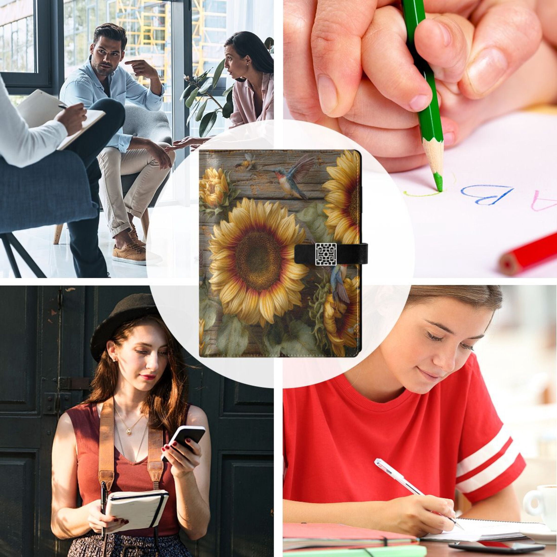 Leather Planner Leather Notebook Notebook Journal Binder Design Pen Pocket Design Convenient for Storage Three Sunflowers Pattern