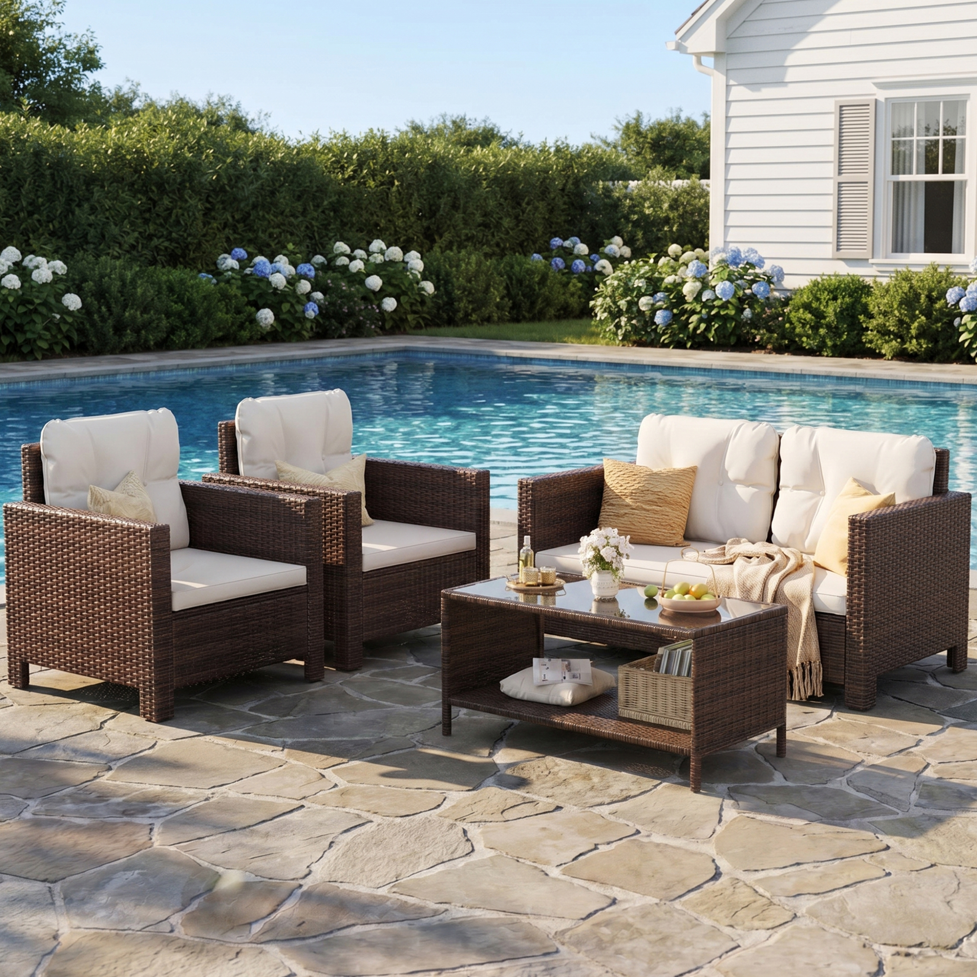 Lacoo 4 Pieces Patio Furniture Sets Rattan Chair Wicker Conversation Sofa Set Outdoor Tble and Chairs for Backyard Porch Garden Poolside Balcony, White