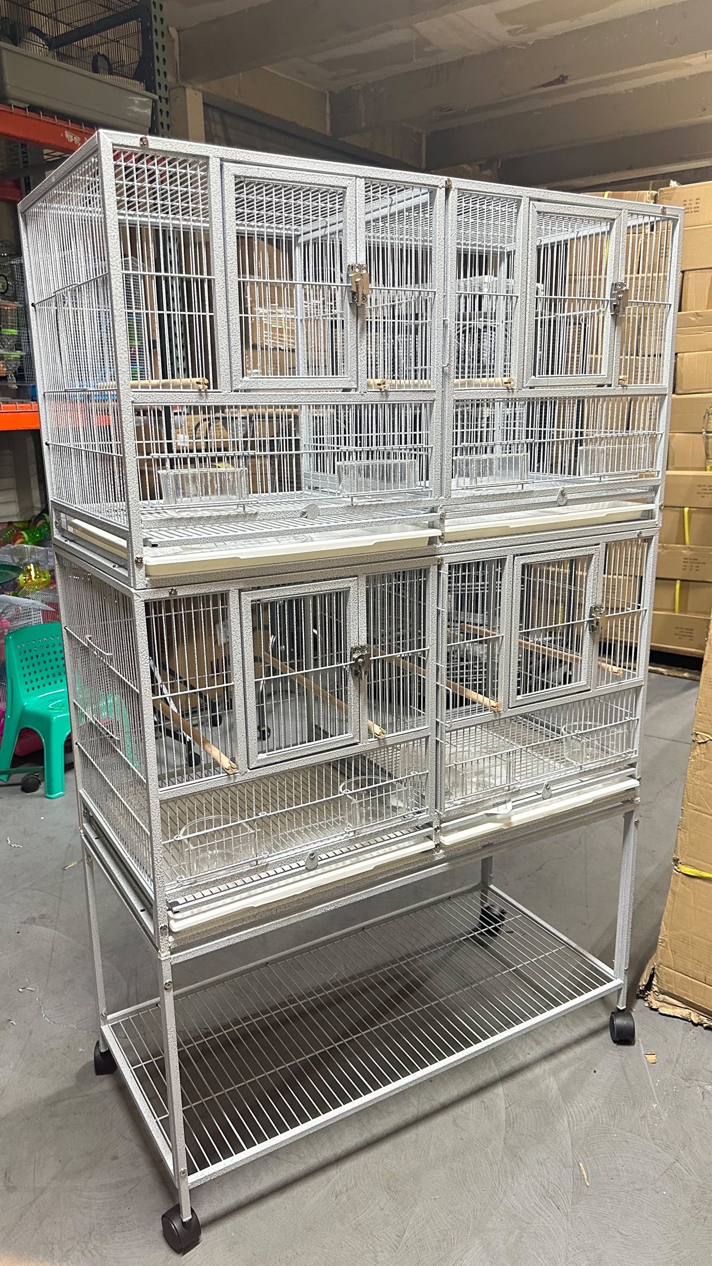 White Deluxe Triple Stackable With Center Divider Breeder Breeding Bird Flight Rolling Cage With Side Breeding Nest Doors for Canaries Cockatiels Lovebirds Finches Budgies Small Parrots