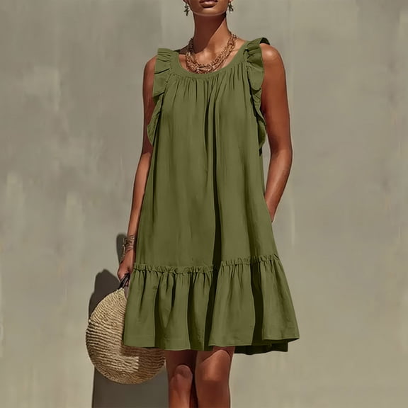 ClodeEU Women's Round Neck Ruffle Sleeveless Tiered Mini Dress with Pockets,Casual Summer Loose Dress Army Green,Women's Plus L
