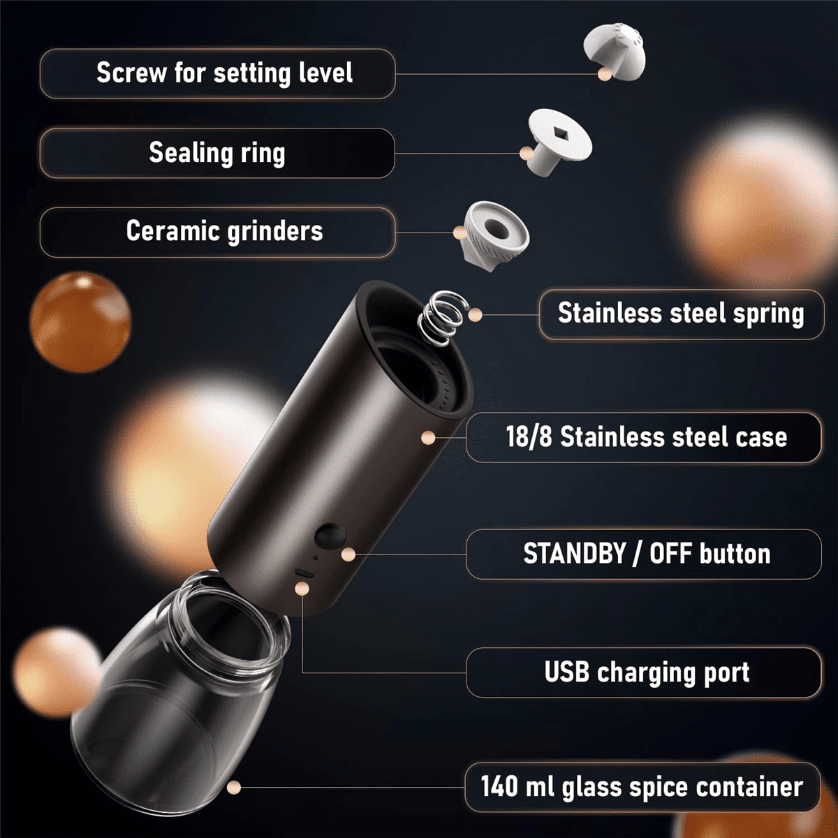 Electric Salt and Pepper Grinder Set with Bamboo Base, Adjustable Coarseness - Automatic Salt and Pepper Shakers
