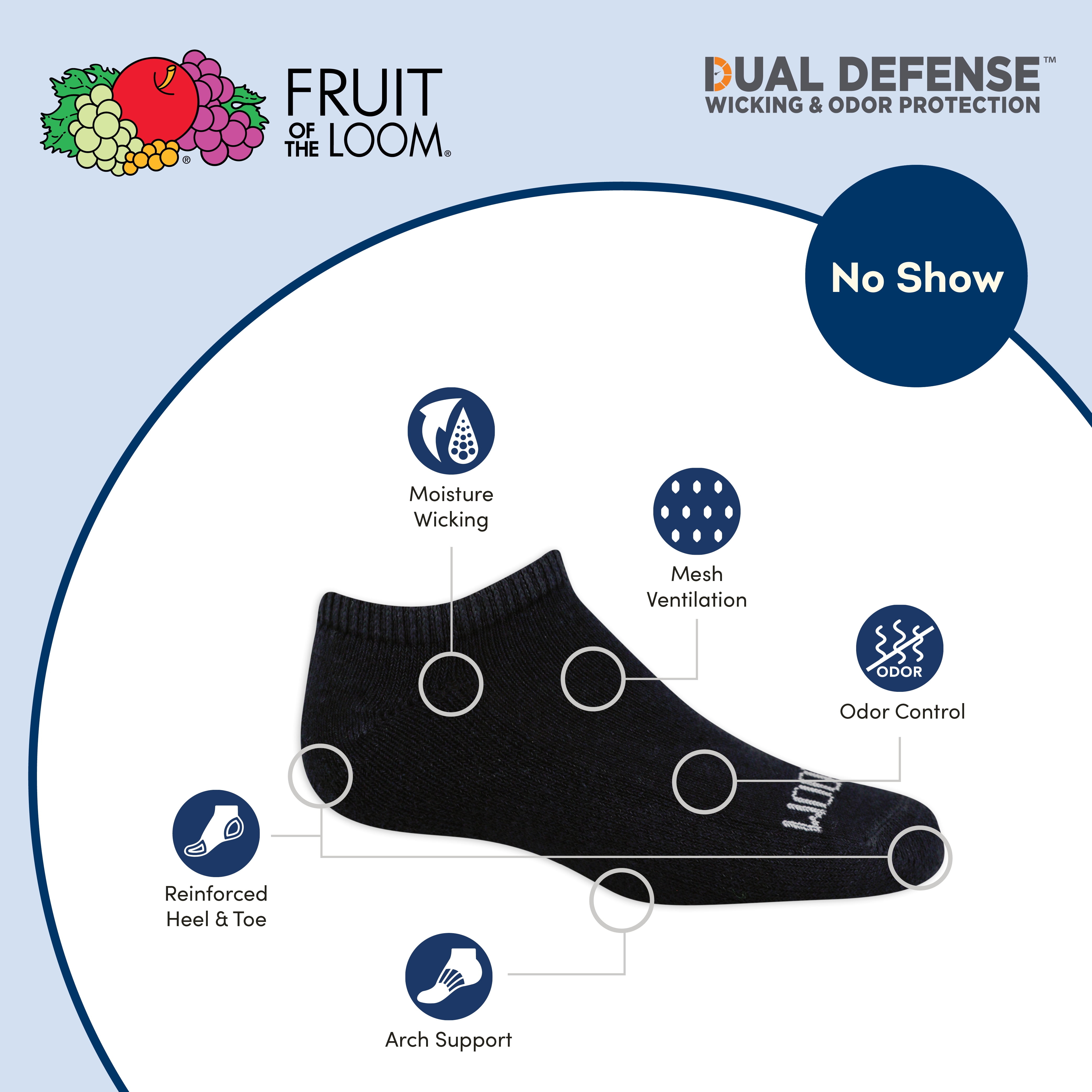 Fruit of The Loom Dual Defense No Show Socks for Boys, Assorted, Sizes 3-9 (10-Pack)