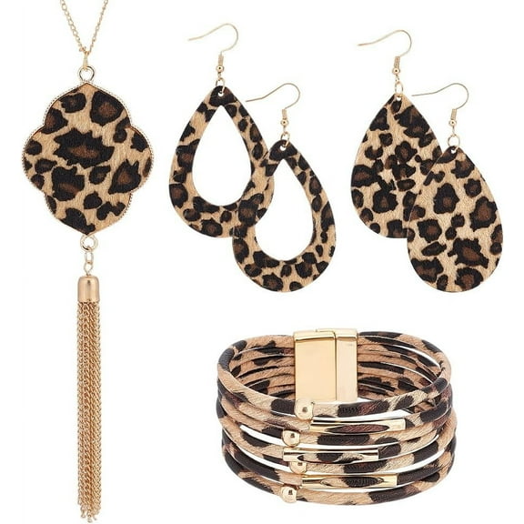 4 Set Leopard Print Jewelry Set Plam Leaf Pendant Necklace Winter Boho Teardrop Earrings Multi Layered Bracelets Necklace Bracelet Stylish Jewelry Set Christmas Day Jewelry