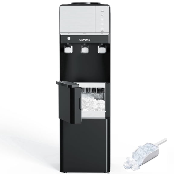 ICEVOKE 4-IN-1 Top Load Water Cooler Dispenser with Ice Maker for 5 Gal, Hot, Cold & Room Water, 27LBS/24H Ice Making, Child Safety Lock & Nightlight, Black