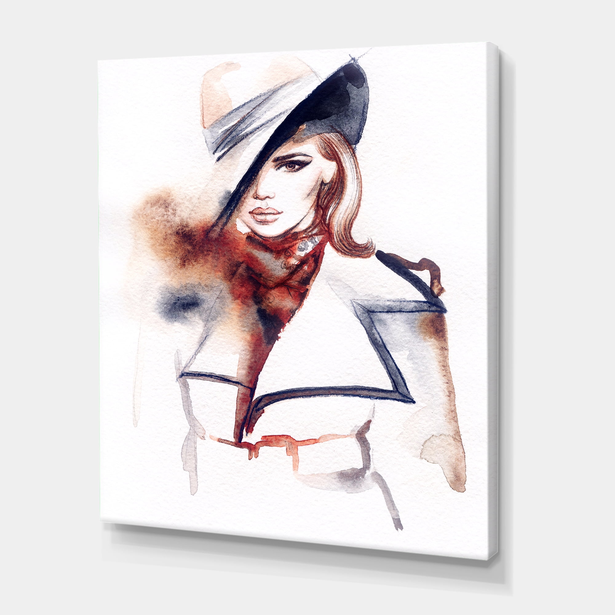 Designart ' Fashion Portrait of Woman Wearing Hat ' Modern Canvas Wall Art Print