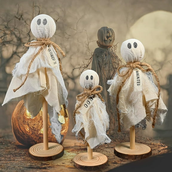 Spooktacular Halloween Table Charm! 3 - Pcs Primitive Wooden - Stand Ghost Decor - Adorable Indoor Ghostly Centerpieces for Halloween Party Fun