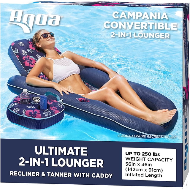 Oversized Ultimate Pool Lounger, Inflatable Pool Float with UPF 50 Sunshade Canopy, Heavy Duty, X-Large, Navy/Aqua/White Stripe
