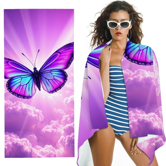 RKSupls Purple Blue Butterfly Cloud Microfiber Beach Towel, Extra Large Quick Dry Lightweight Absorbent Towel for Travel Swimming Camping, Soft Super Absorbent- 30x60 in
