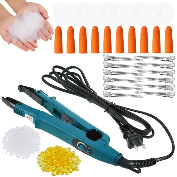 New Hair Extensions Iron Fusion Keratin Hair Extensions Heat Tool Heat Connector Wand with Fusion Glue Protector Template Hair Clip Finger Protector 2 Bag Keratin Glue Granule Bead