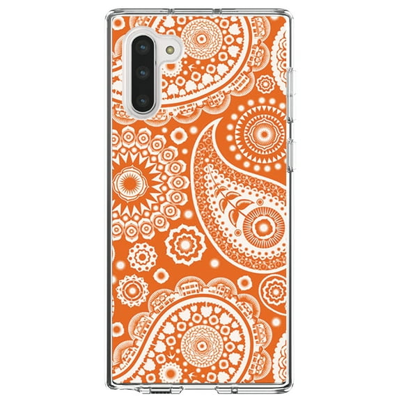DistinctInk Clear Shockproof Hybrid Case for Samsung Galaxy Note 10 (6.3" Screen) - TPU Bumper, Acrylic Back, Tempered Glass Screen Protector - Orange White Paisley