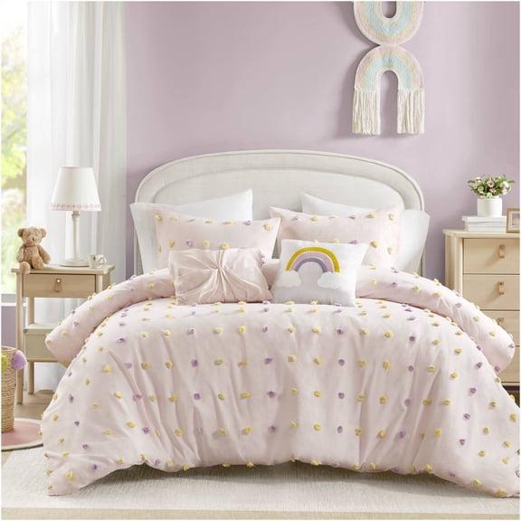 JERFIT Queen Size Comforter Set, 5-Piece Pink Pom Pom Bedding Set, 100% Cotton Jacquard, Decorative Pillows, Machine Washable