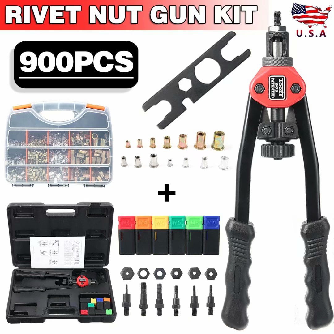 900PCS Rivet Nuts+Rivet Nut Tool Hand Riveter Gun Rivnut Setter NutSert Kit FF 