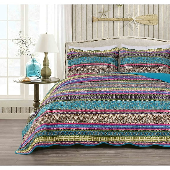 Chezmoi Collection Odette Boho Chic Bohemian 100% Cotton Quilt Set, Daybed, Blue, 5-Pieces