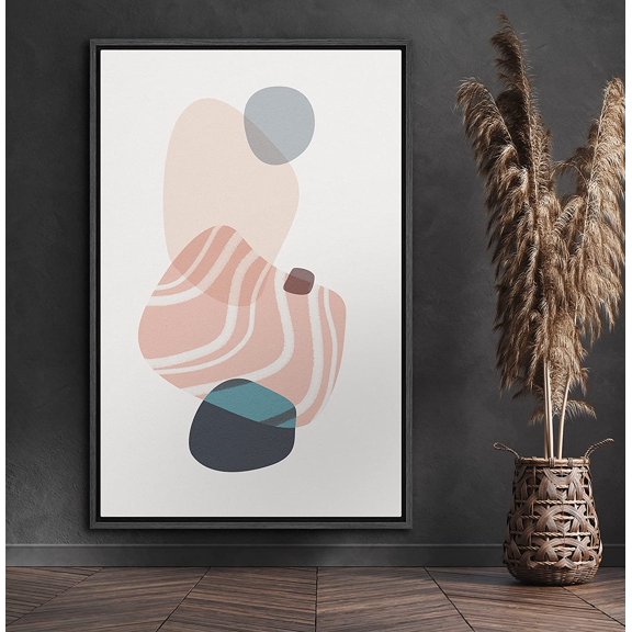 PixonSign Framed Canvas Print Wall Art Striped, Blue, Pink Watercolor Squares Abstract Shapes Illustrations Minimalism Chic Relax/Calm Multicolor Warm for Living Room, Bedroom, Office - 24"x36" Black