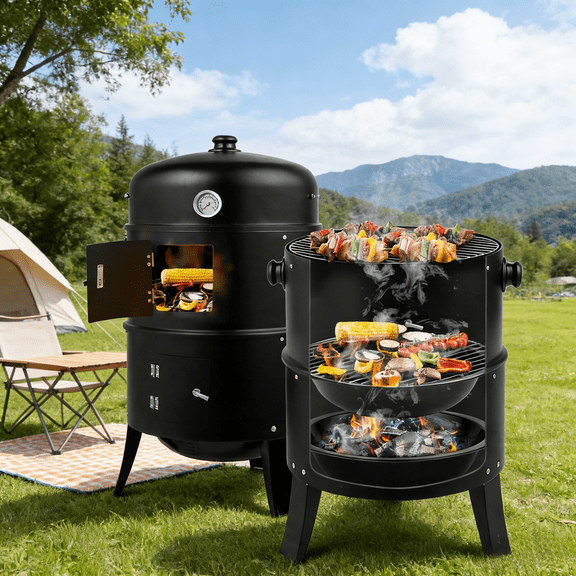 Portable Charcoal Grill & Smoker Combo, 31"x16"x19" Black Iron Barbecue Grill with Built-in Thermometer & Adjustable Vents, Compact Design for Camping, Tailgating, Backyard BBQ, Park & Beach
