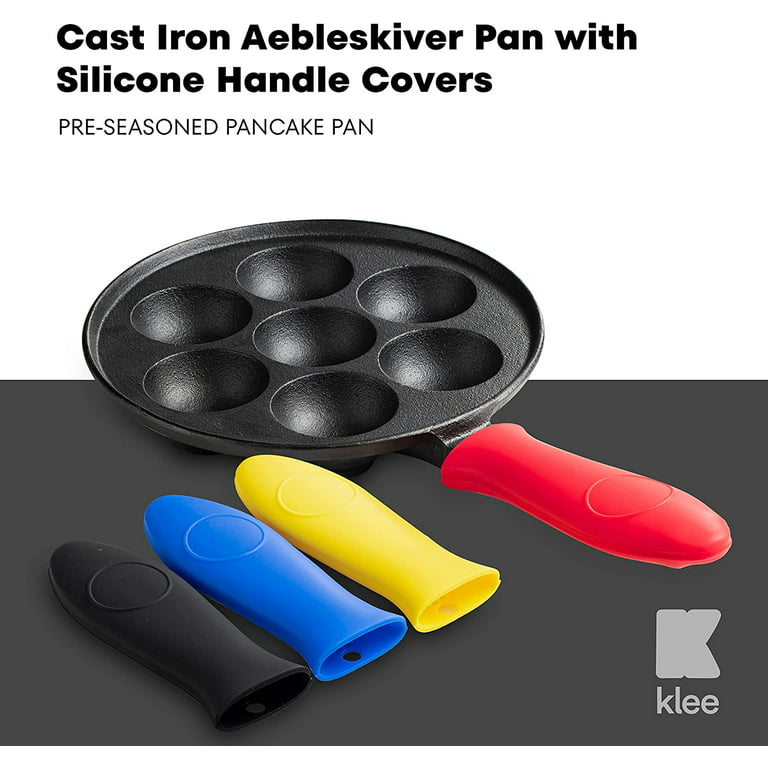 Klee Pre-Seasoned Cast Iron Aebleskiver Pan with 4 Silicone Handle Covers 