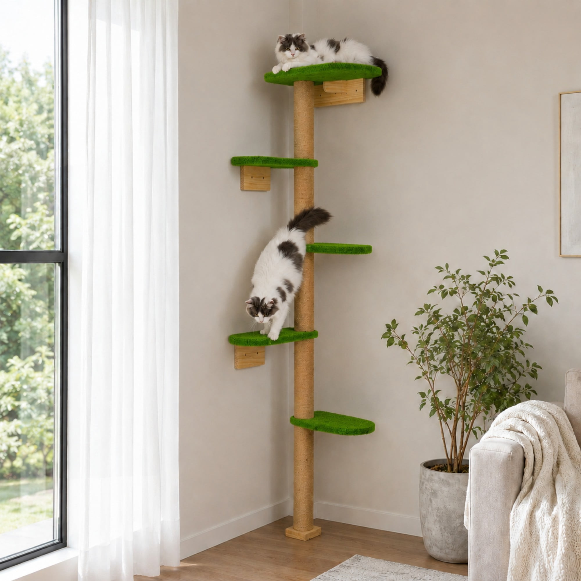 Peluomoz Green Adjustable Floor to Ceiling Cat Tree with 5 Plush Platforms, 83 in