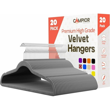 Gray Velvet Hangers 20 Pack – Heavy-Duty 11 lbs Capacity, 360° Swivel Hook, Non-Slip & Space-Saving Design – Smooth Velvet Finish for Crease-Free Clothes & Effortless Closet Organization
