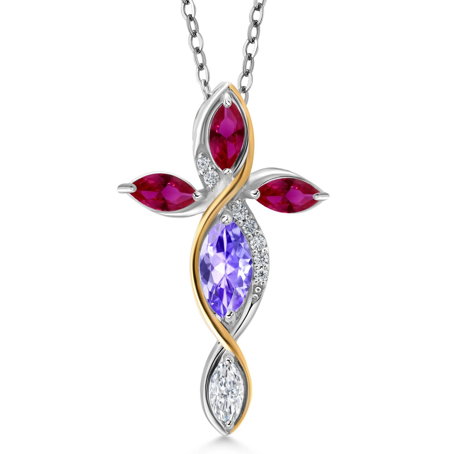 Cross Necklace for Women in 925 Silver and 10K Yellow Gold with Tanzanite and Created Ruby and White Moissanite | 1.53 Cttw | Jesus Christian Religious Crucifix | Marquise 8X4MM | With 18 inch Chain
