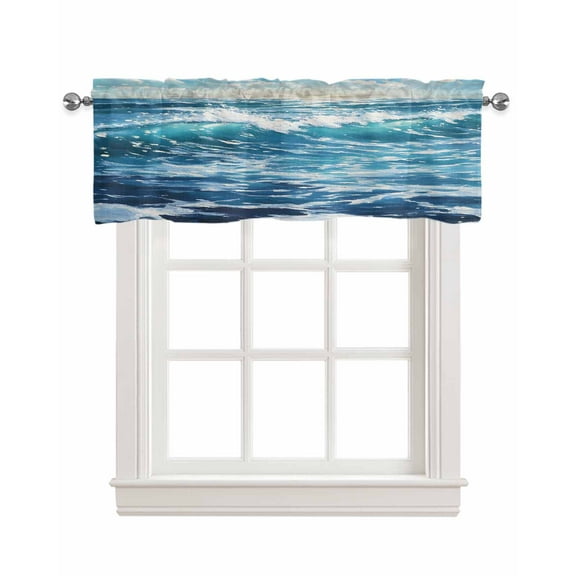 Blue Coastal Kitchen Valances for Windows Farmhouse Linen Window Valance Curtain for Living Room Window Treatment Ocean Sea Nautical Summer Beach Valance Rod Pocket Topper Drape, 60 x 18 Inch