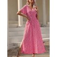 thumbnail image 6 of Womens Hot Pink V-Neck Short Sleeve Floral Print Maxi Dress With Slit, 6 of 7