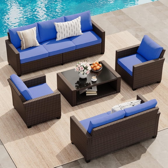 Homhougo Patio Furniture Set 5 Pieces, Rattan Wicker Sectional Patio Seating Sofas with Cushions and Glass Coffee Table, Patio Conversation Sets Outside Couch Set for Balcony Porch Garden Pool, Blue