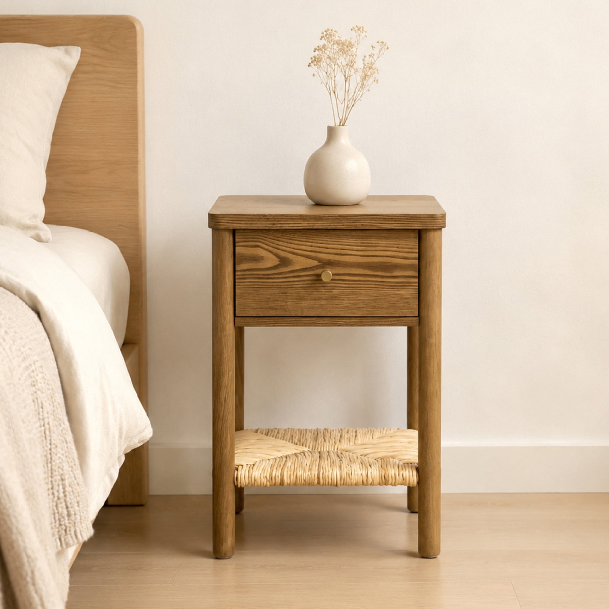 Leumius End Table with Rounded Edge Tabletop, Solid Wood Round Legs, Woven Jute Storage Shelf & Drawer, Nightstand for Bedroom Living Room Walnut