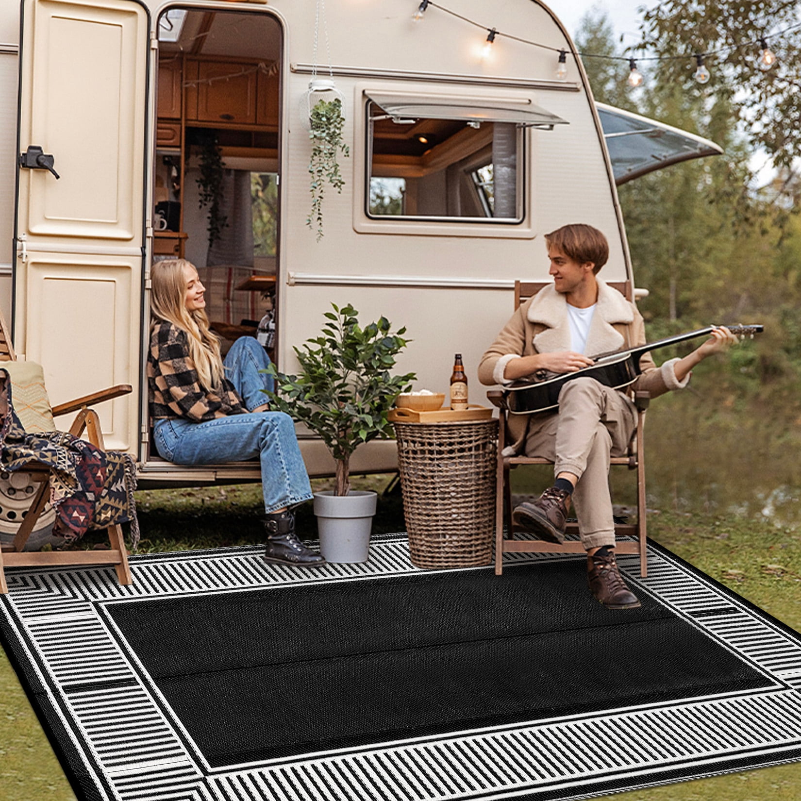 Garvee 8'x10' Waterproof Outdoor Area Rug Reversible Plastic Geometric Bordered Patio Mat UV-Protected for Deck, Backyard, RV and Camping, Black