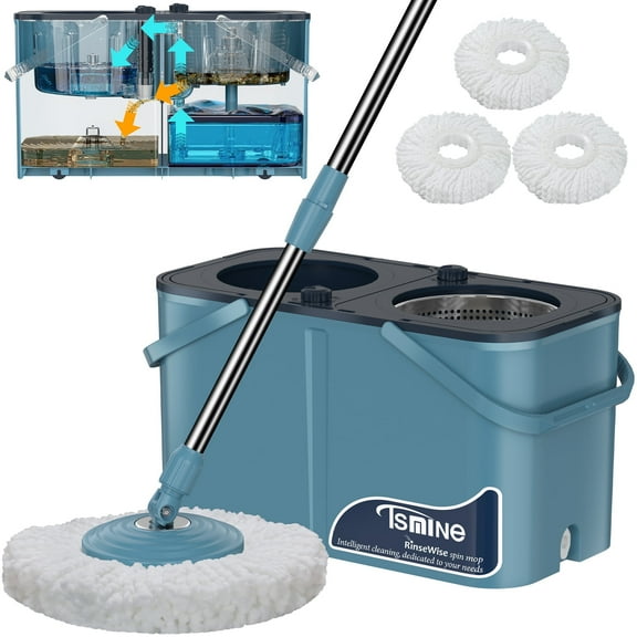 Tsmine Mop Bucket, 61" Extendable Handle,Separates Clean & Dirty Water, 3 Heads