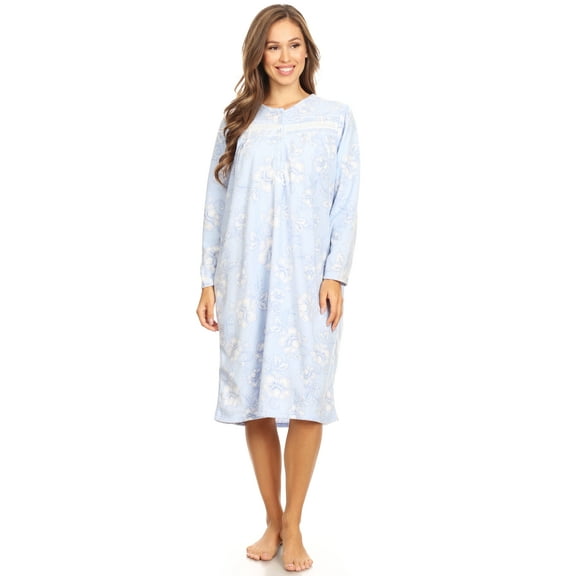 Lati Fashion Fleece Women Nightgown Sleepwear Pajamas Female Long Sleeve Sleep Dress Nightshirt Blue L