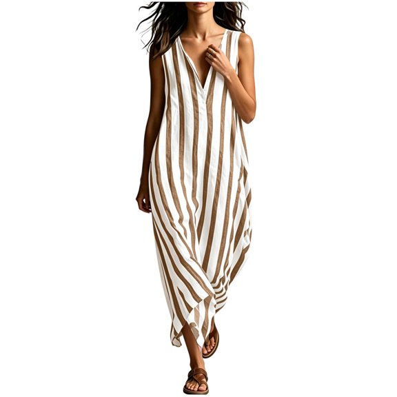 Eawtki Women's V Neck Sleeveless Maxi Dress Vertical Stripes Loose Fit Casual Summer Linen Blend Beach Cover Up Dress