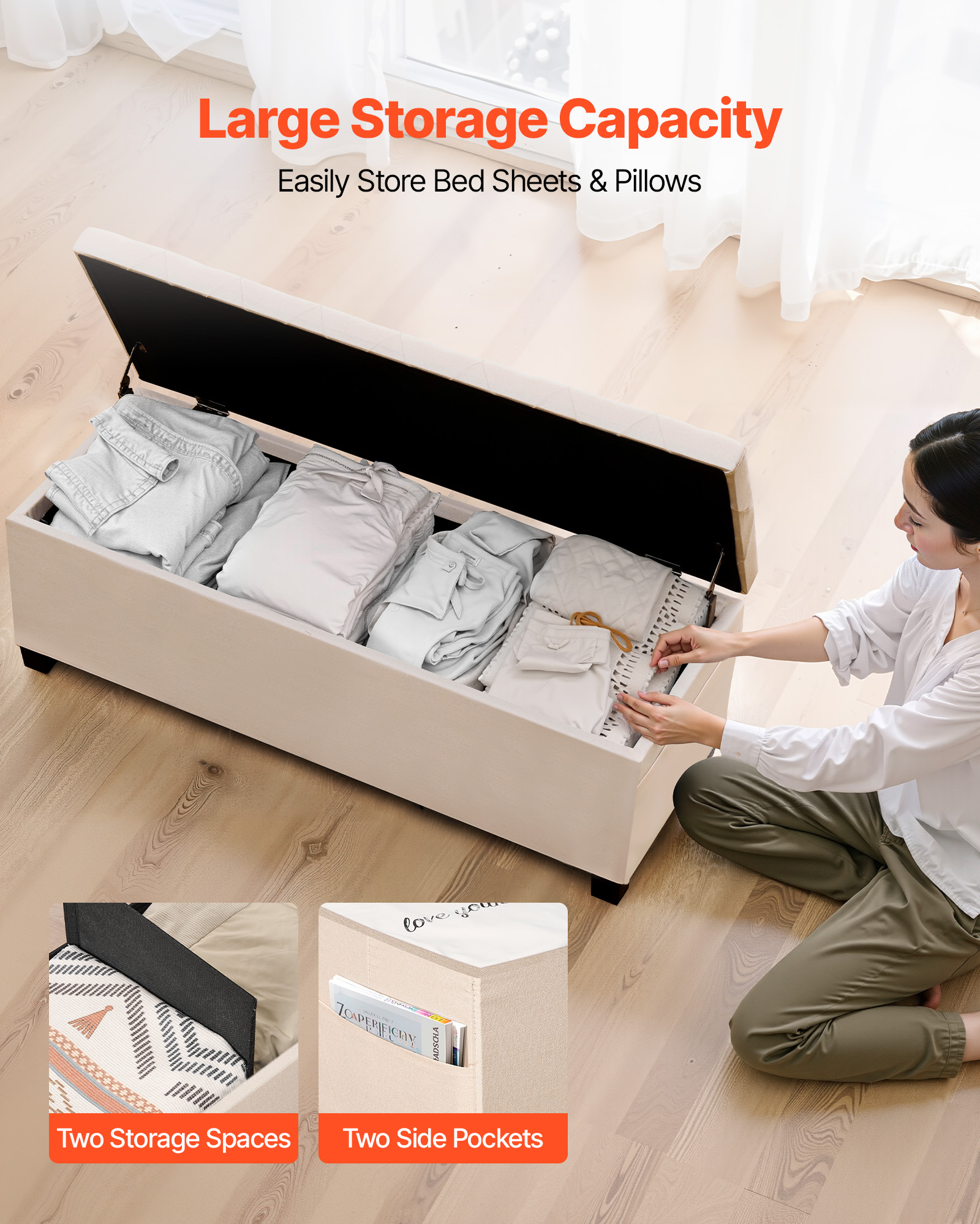 VEVOR Storage Ottoman Bench, Button-Tufted End of Bed Bench with Side Bags, Flip-up Upholstered Storage Chest with Metal Frame, Linen Bed Ottoman for Living Room, Bedroom, Entryway, Office, Beige