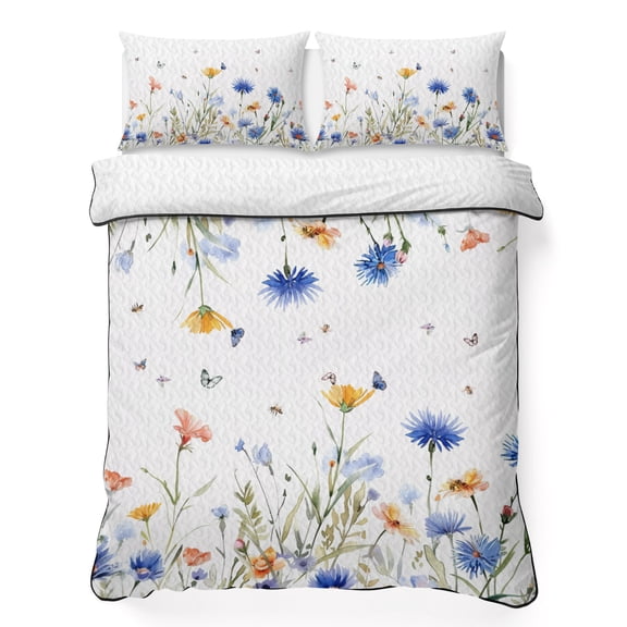 King Quilt Set 96''x106'', Spring Floral Lightweight Summer Bedspread Coverlet Set with 2 Pillow Shams, Elegant Butterfly Summer Botanical Breathable All Season Quilt Bedding for Bedroom/Guest Room