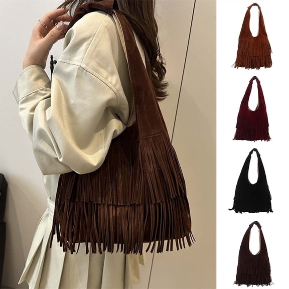 HAIJIE Women's Fringe Tote Bag Frosted Travel Tote Boho Shoulder Bag Slouchy Handbag Soft Stylish Purse Fall Winter Spring (Style A-Black,One Size)