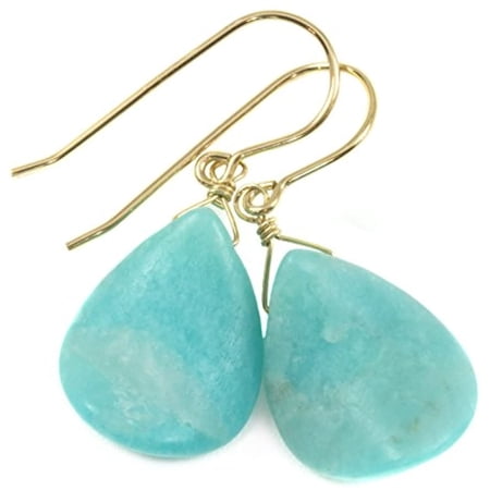 14k Gold Filled Amazonite Earrings Aqua Blue Long Large Curved Smooth Cut Matte Finish Teardrop Designed for Adult Women