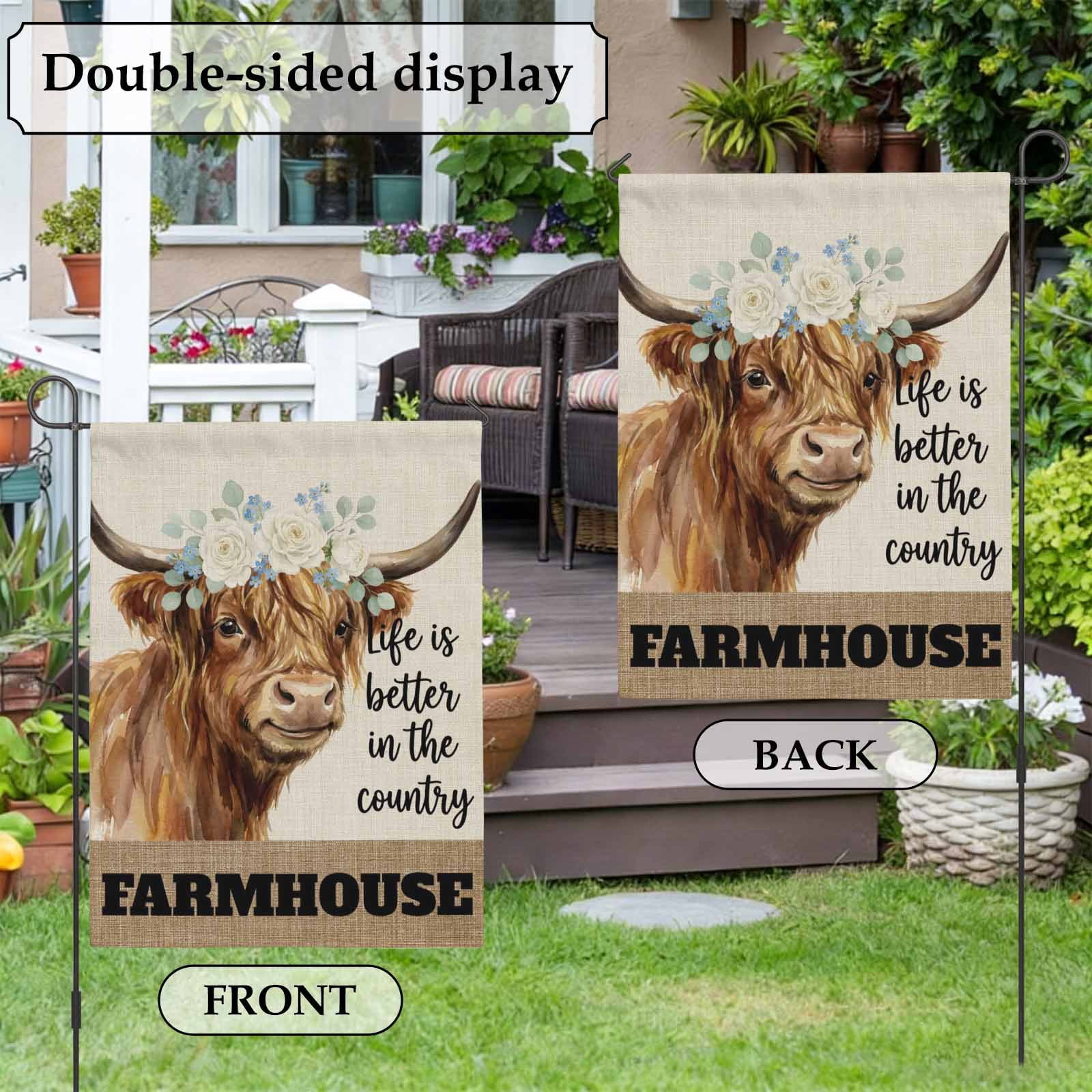 Farmhouse House Flag 28 x 40 Inches, LIFE IS BETTER IN THE COUNTRY Funny Cow Flowers Linen Weather Proof Outdoor Patio Flags Double Sided Small House Decoration for Yard Lawn Outside Home