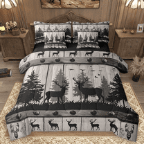 Manfei Hunting Moose Twin Bedding Sets 7pcs, Gray Farmhouse Barn Door Bedding Comforter Set, Woodland Wildlife Animal Sheet Sets, Ultra Soft Home Decor