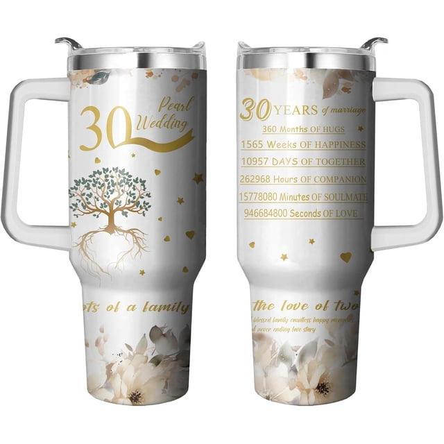 30 Years Gifts Anniversary Tumbler with Handle and Straw, 40 Oz Pearl Wedding Cups Stainless Steel 30th Wedding Gifts Anniversary, Valentine Mug 30th Gifts Anniversary for Couple, Parents Friends