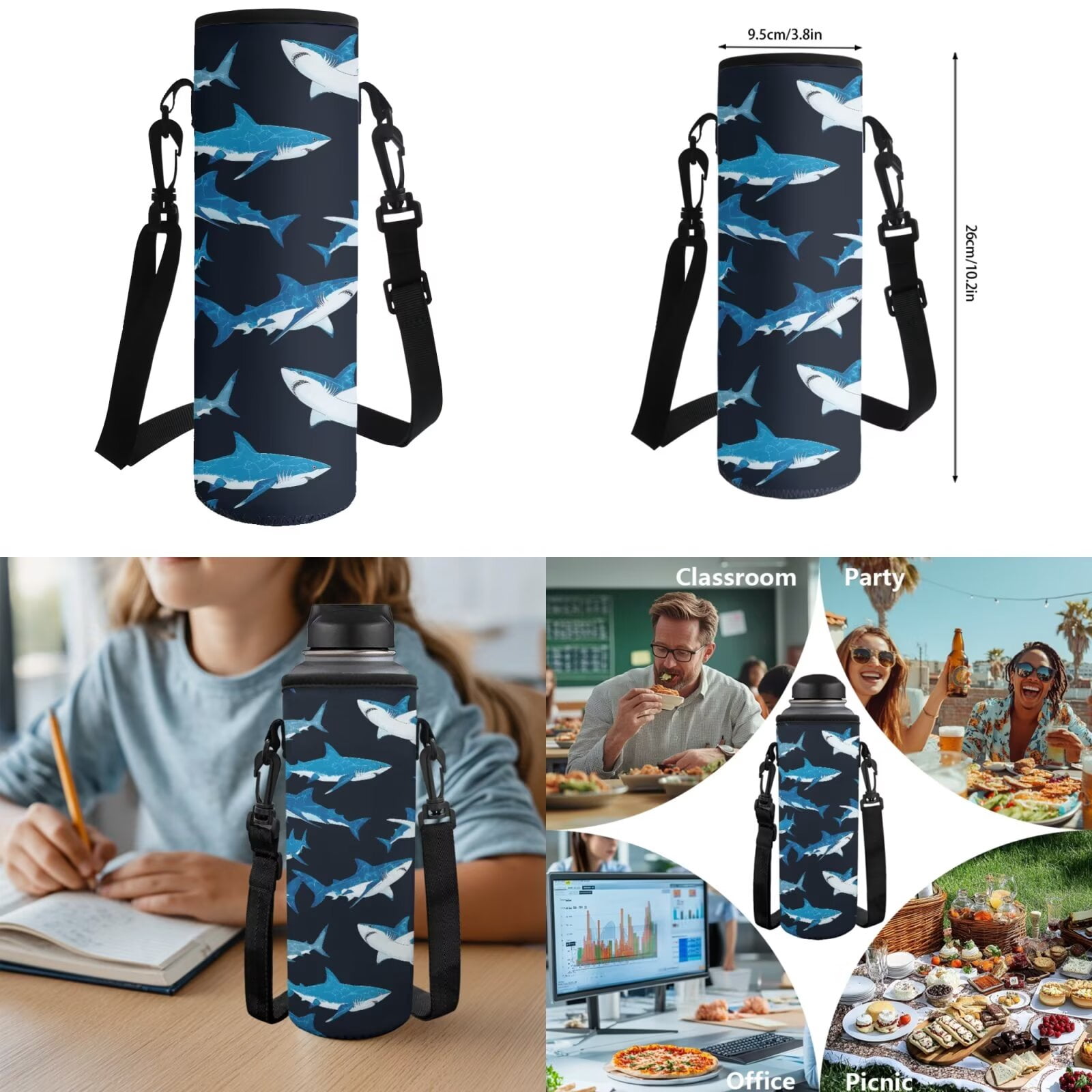 XYZCANDO Blue Shark 4 Piece School Backpack Set with Lunch Bag Pen Bag Water Bottle Bag Carrier Large Capacity for Boys & Girls Elementary Middle School