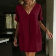 thumbnail image 6 of Efsteb Women's Cotton Tunic Dress V-Neck Short Sleeve Casual Loose Fit Short Dress with Side Pockets （Wine,L）, 6 of 7