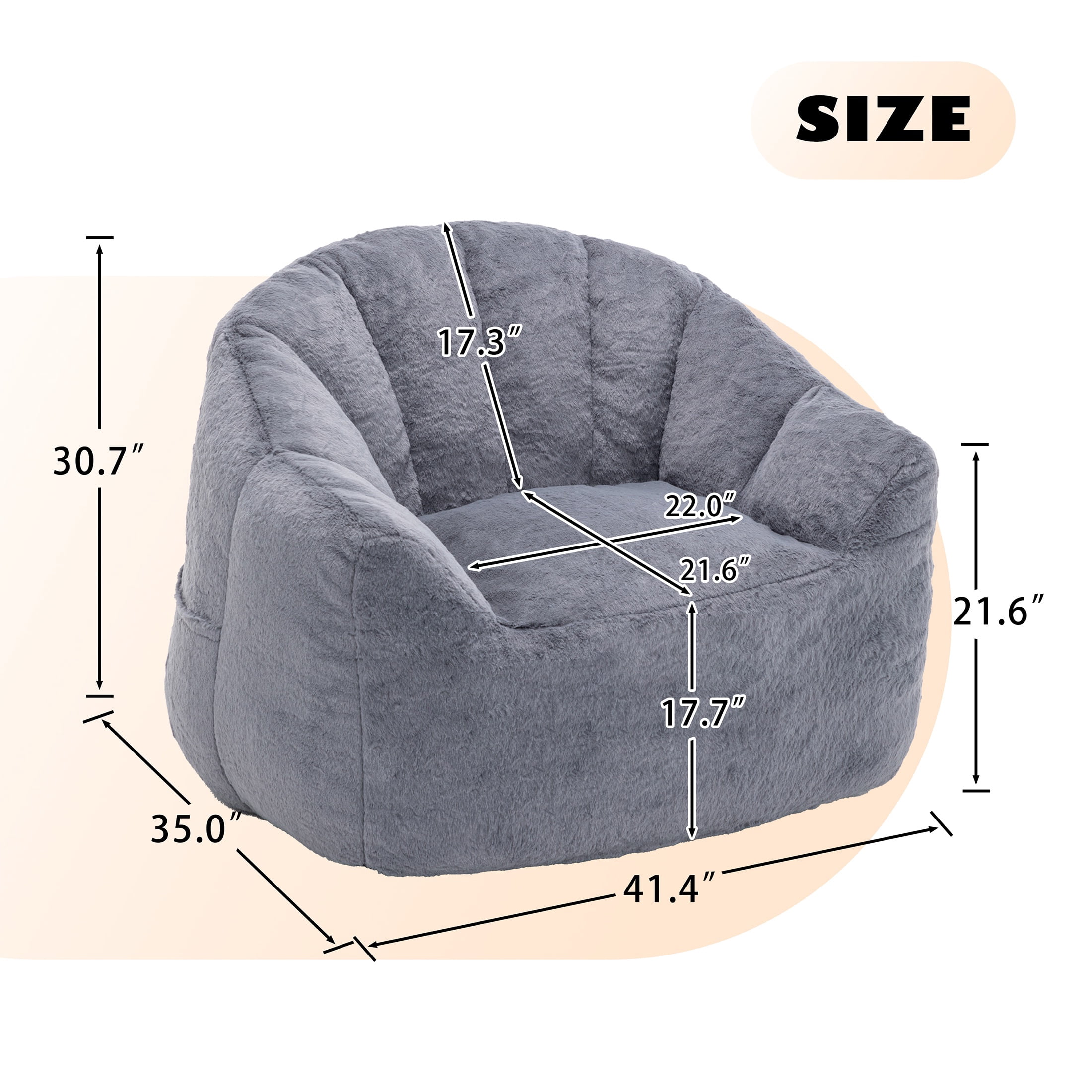 PAPROOS Oversized Bean Bag Chair for Adults, Gray Faux Fur Memory Foam Bean Bag Sofa, Pre-Filled Comfy Lazy Sofa Chair with Removable Cover for Living Room Bedroom Dorm