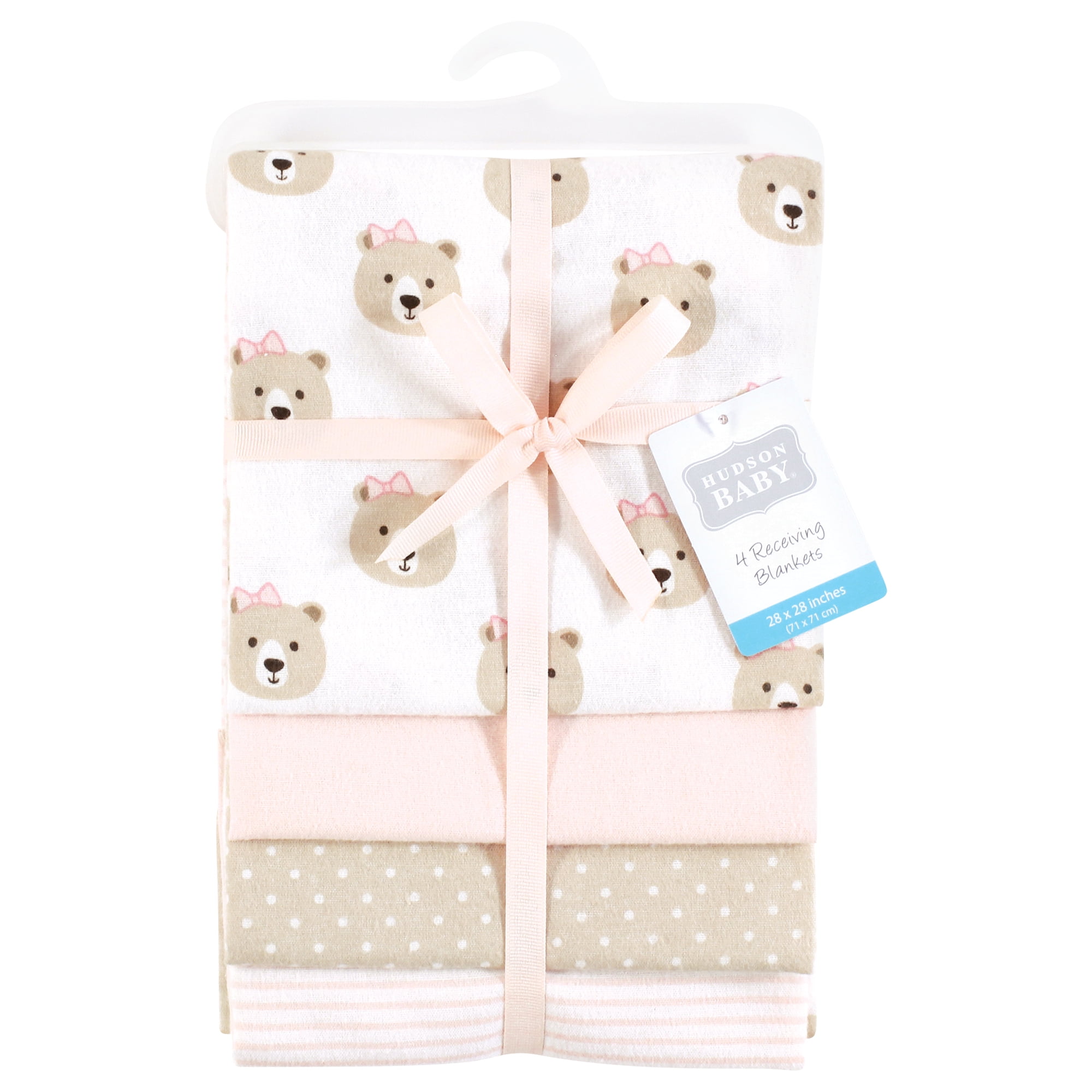 Hudson Baby Infant Girl Cotton Poly Flannel Receiving Blankets, Pink Taupe Bear, One Size