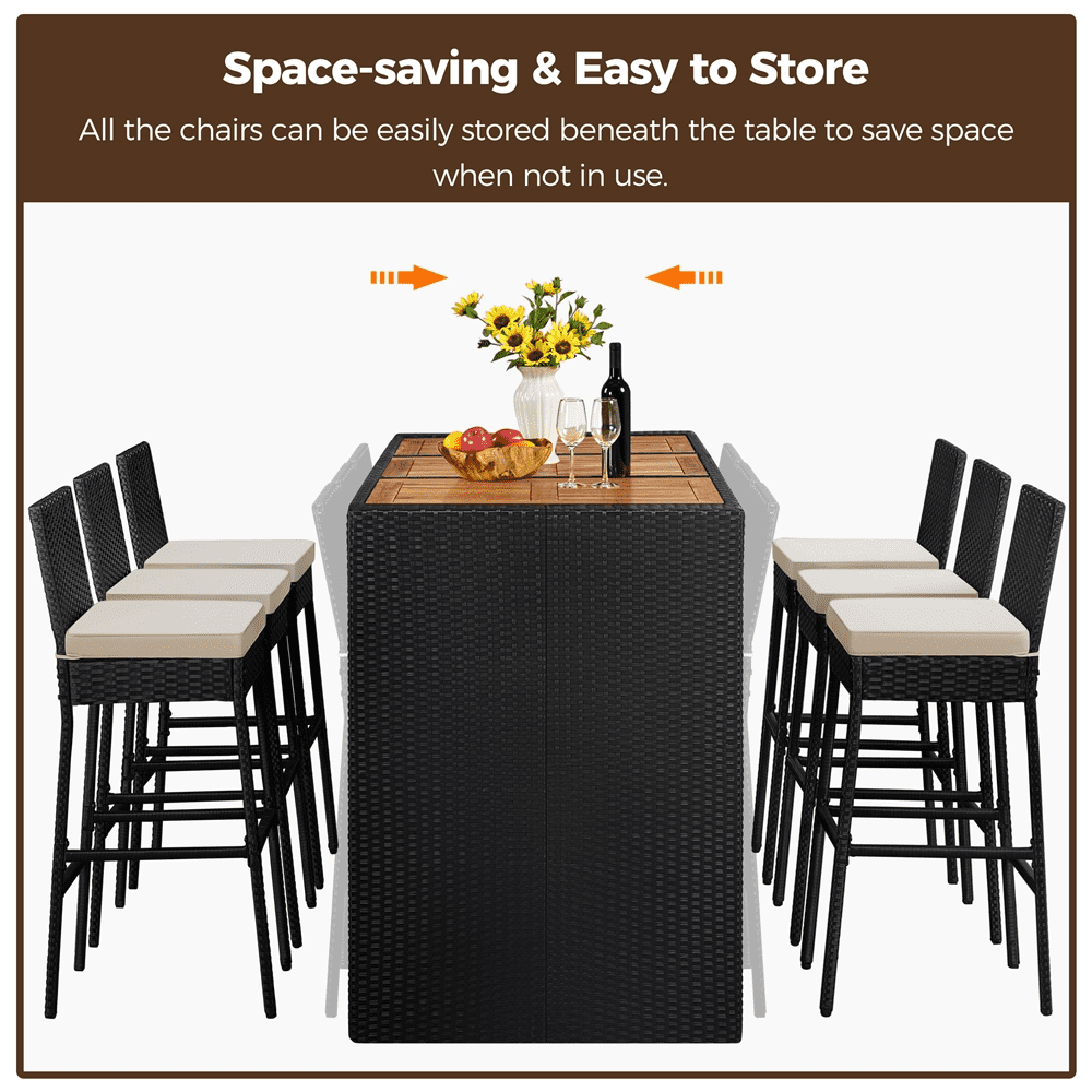 Renwick 7-Piece Outdoor Bar Table and Chairs Set with Wood Top and Cushions, Black/Beige