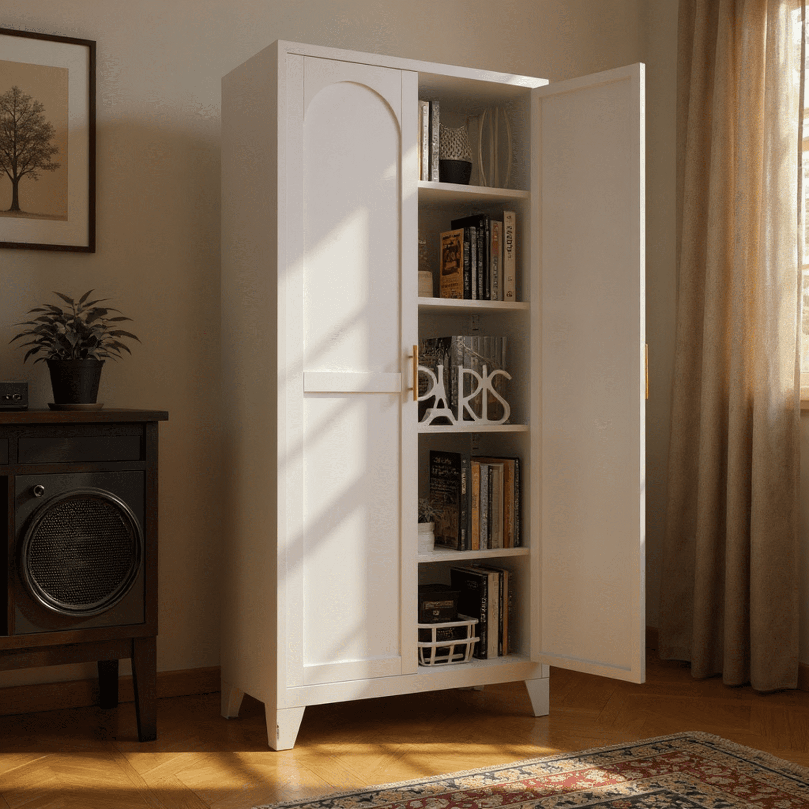 Homy Casa Media Storage Cabinet with Adjustable Shelves, 2-Door Tall Storage Organizer for CDs, Games