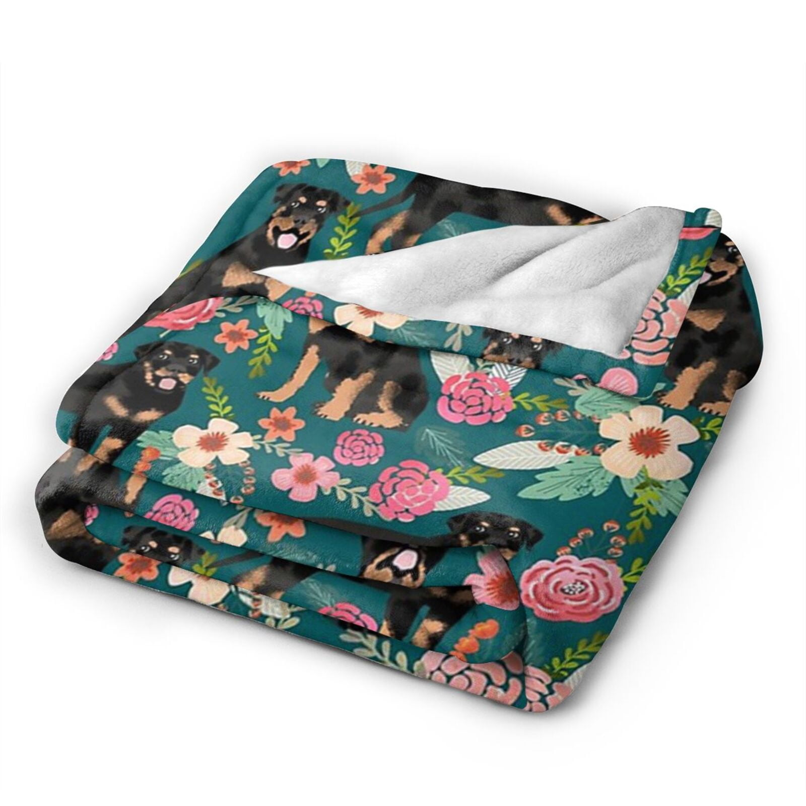 Wijzvio Rottweiler Floral Dog Throw Blanket Soft Fuzzy Fleece Blanket For Couch Bed Living Room Decoration 60"X50"