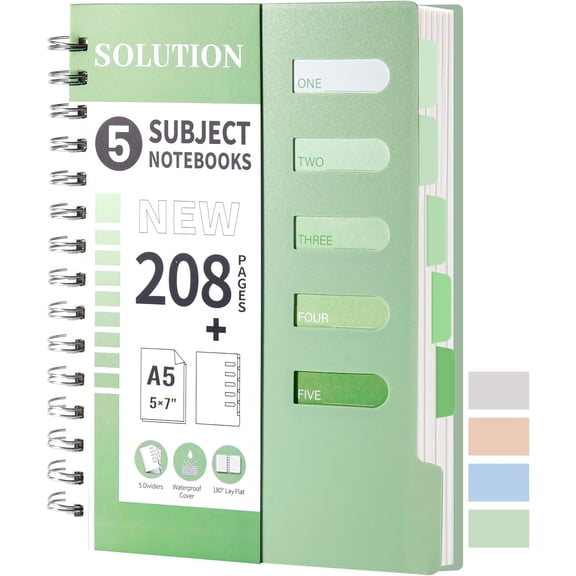 5 Subject Spiral Notebook College Ruled with Dividers & Tabs,5x7,Green - 1.green / 1.A5-College Ruled