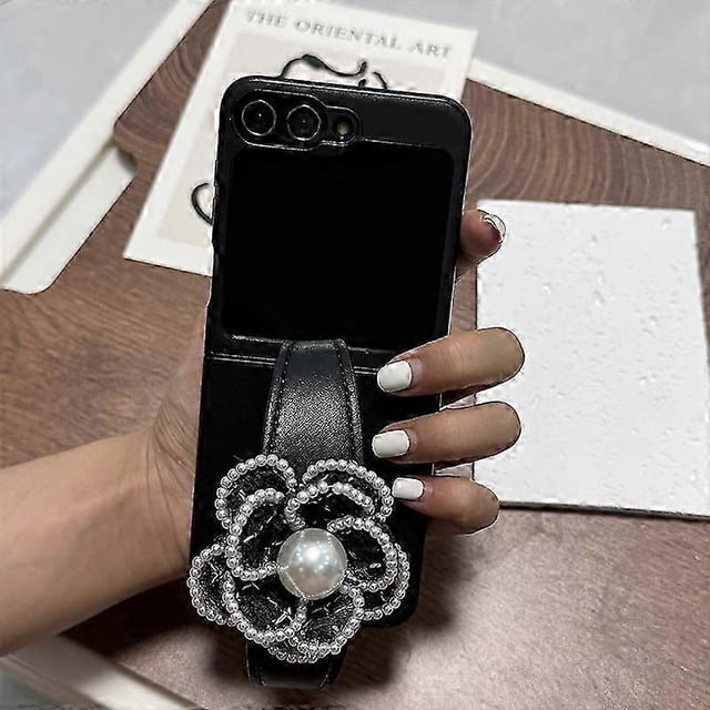 high qualityWeave Pattern Phone Case with Pearl Flower Wrist Strap for Samsung Galaxy Z Flip 6