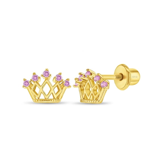 Point Crown Pink Toddler / Kid Earrings Screw Back - Gold Plated Sterling Silver